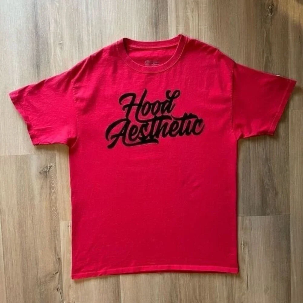 Champion T Shirt Mens Hood Aesthetic Graphic Script Red Large - Picture 3 of 8
